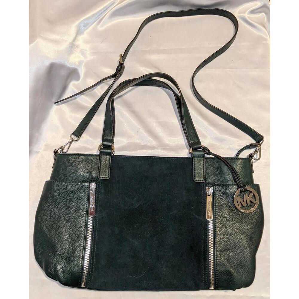 Michael Kors Dark Green Pebbled Leather and Suede Satchel Tote Zipper Detail EUC - Picture 2 of 13